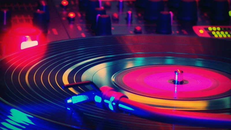 macro, music, 1080P, vinyl, record players, lights, colorful