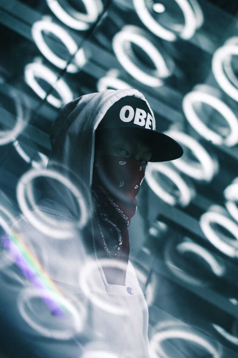 hoodie, neon lights, 5K, day, male, wearing, security, looking away, person, selective focus, human representation, streetwear, neon, store, retail, slider