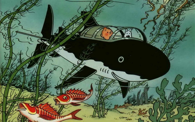 tintin, submarino, comics, 1080P, tiburon, aventuras