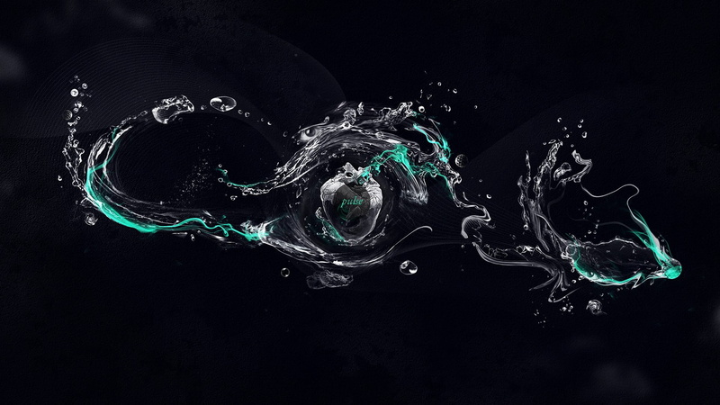 water, digital, creativity, black background, simple background, flowing, green, design, abstract, digital art, close-up, 1080P, heart, splashing