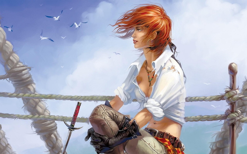 hairstyle, one person, young adult, redhead, fantasy art, beautiful woman, outdoors, sky, bird, dress, freedom, 1080P, day, young women, real people