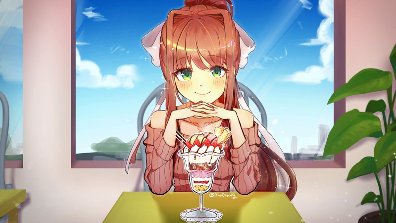 religion, cloud - sky, glass - material, representation, doki doki literature club, belief, sky, dessert, nature, no people, transparent, creativity, human representation