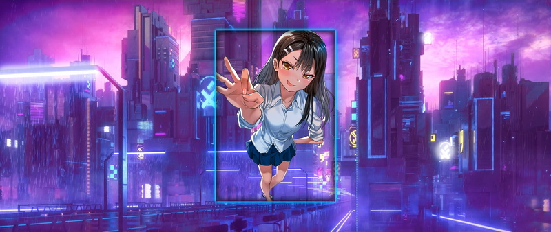 Nagatoro Hayase, video games, ultrawide, cyber, anime girls, PC gaming, cyberpunk, purple background, 2K