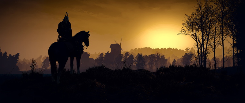 Geralt, roach, the Witcher, sunset, mill, The Witcher 3: Wild Hunt, 5K