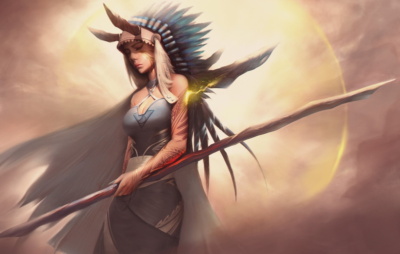 Indian Roach, Feathers, Staff, 1080P, Magic, Shaman, Art, Fantasy, Girl