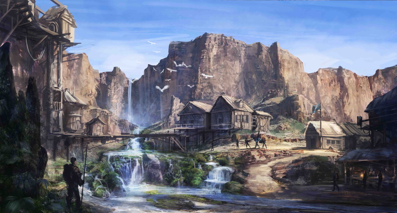 flowing, travel Destinations, water, beauty In Nature, day, village, architecture, nature, painting, oasis, landscape, rock formation, flowing water, settlement