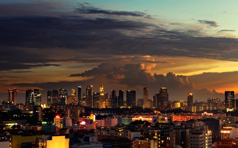 office building exterior, crowd, 1080P, clouds, building exterior, residential district, crowded, Singapore, tall - high, buildings, illuminated, landscape