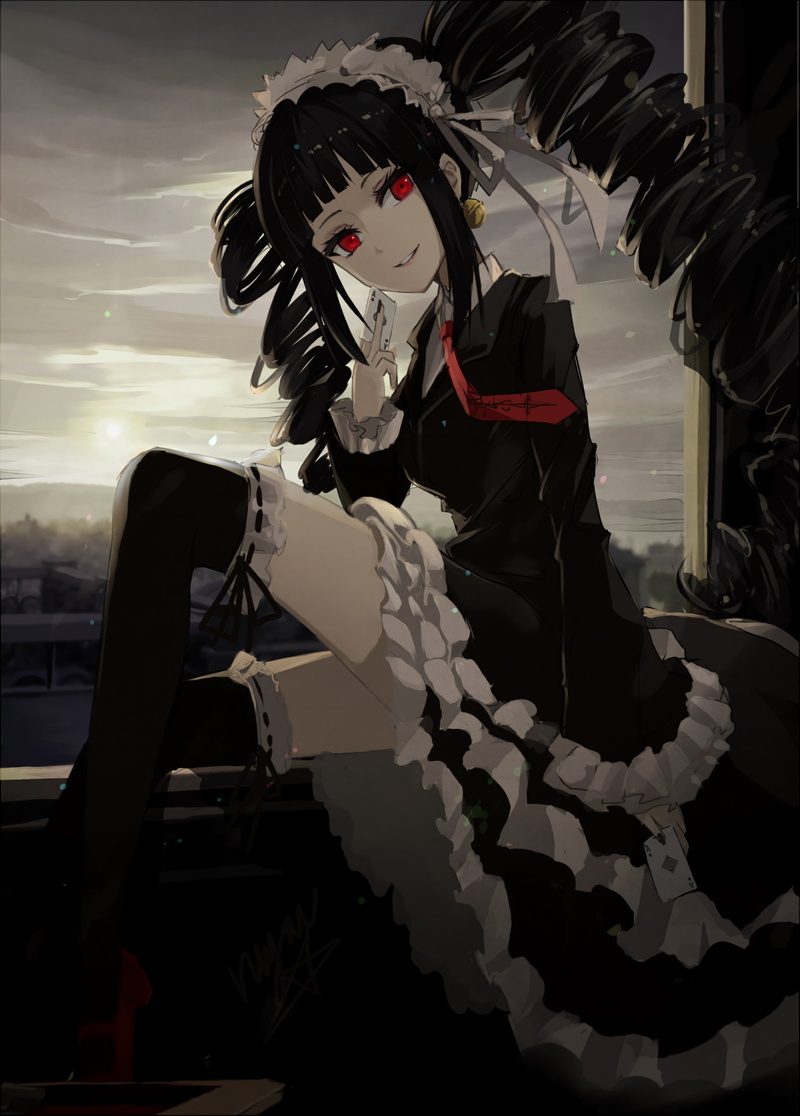 anime, Celestia Rudenberk, stockings, 1080P, thigh-highs, black hair, cards, anime girls, red eyes, long hair