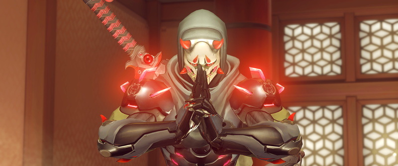 Genji (Overwatch), indoors, bizarre, religion, bone, representation, spirituality, 8K, creativity, close-up, architecture, futuristic, Overwatch, chinese new year