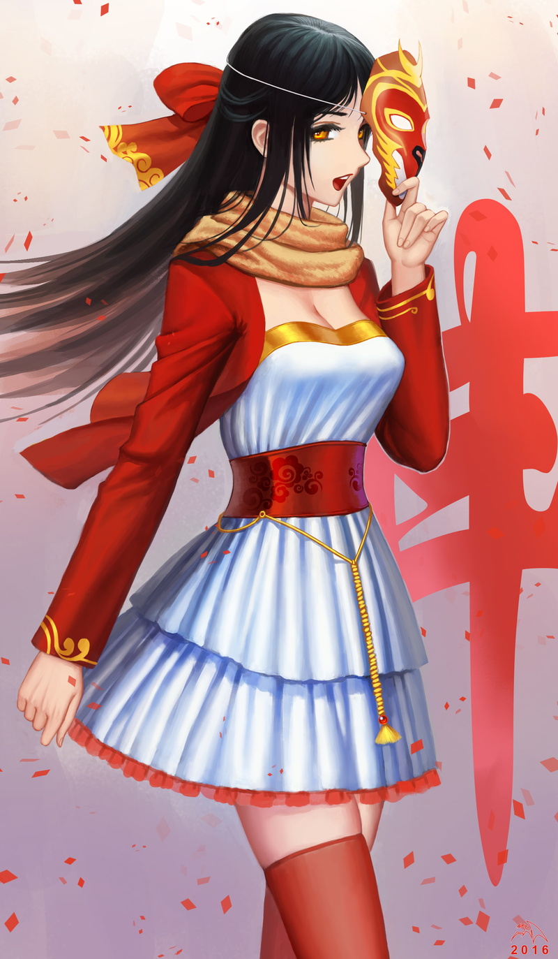 2K, anime girls, chinese new year, long hair, anime, mask, orange eyes
