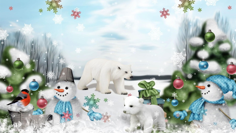 firefox persona, board, snowmen, north, illustration, snow, baby, christmas, 1080P, polar bears, bear, trees, polar, snowman, decorated, mama, bird