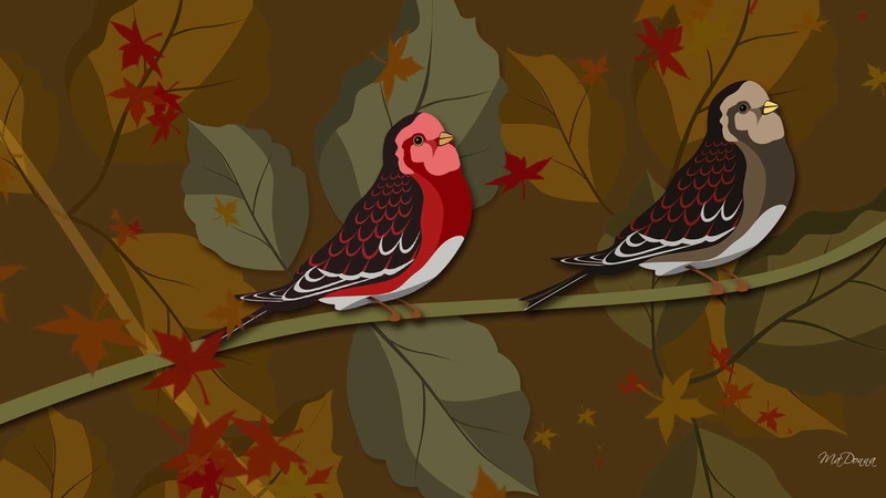 firefox persona, seasons, bird, colors, 1080P, two, 3d, illustration, leaves, falls, widescreen, animals, birds, autumn
