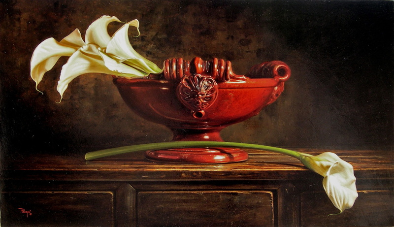 reproduction, brown, bowl, petaled, calla, flowers, drawing, table, footed, white, Polzin, Kyle, vase, ceramic, 1080P, painting