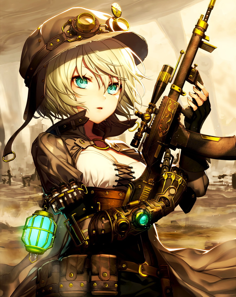 focus on foreground, music, gilr, female likeness, gold, anime girls, Artificial Arm, creativity, girls with guns, indoors, Rideralp, lifestyles, arms crossed