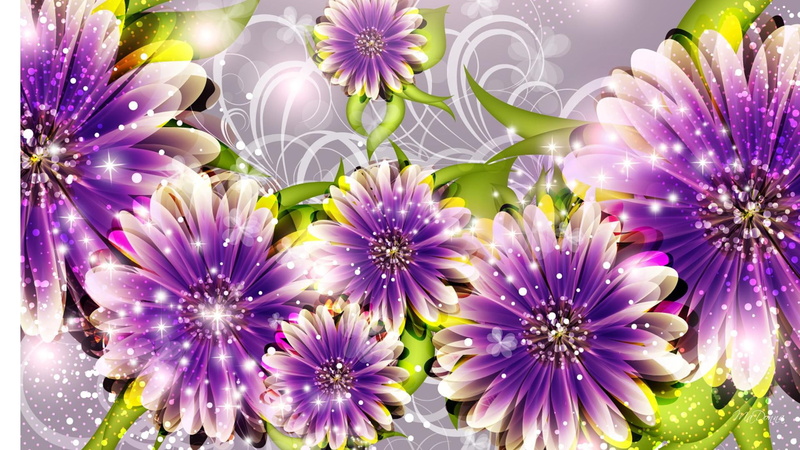 purple, stars, fleurs, daisies, 1080P, abstact, spring, green, lavender, swirls embellishment, flowers, sprinkles, love