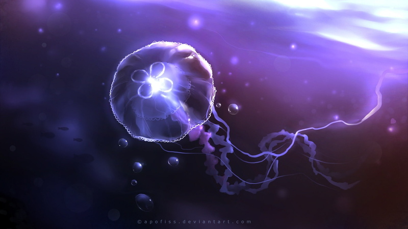 artwork, 1080P, jellyfish, glowing, Apofiss, underwater, bubbles