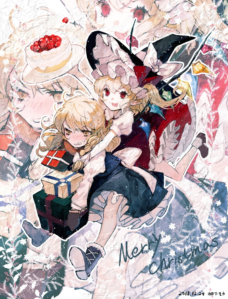Christmas, witch hat, Flandre Scarlet, Kirisame Marisa, anime girls, anime, 2018 (Year), 1080P, presents, red eyes, blonde