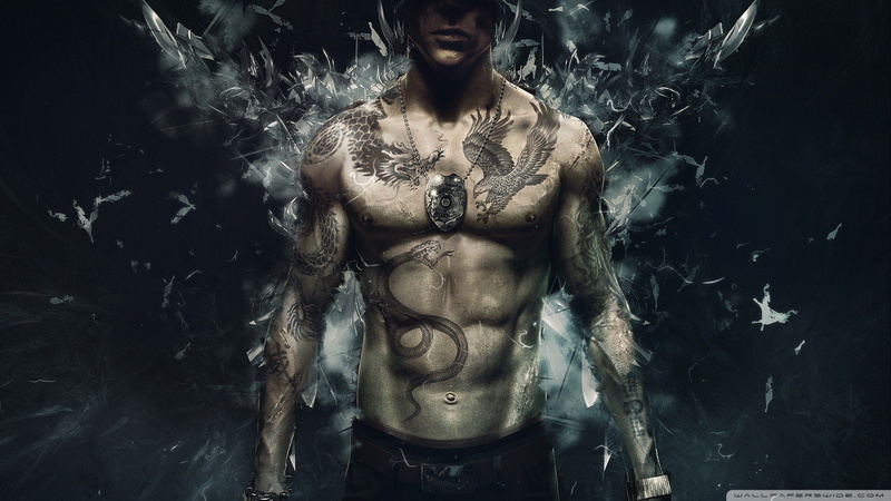 young adult, front view, chest, standing, men, adult, torso, males, shirtless, chest tattoos, digital composite, 1080P, human body part, one person, semi-dress