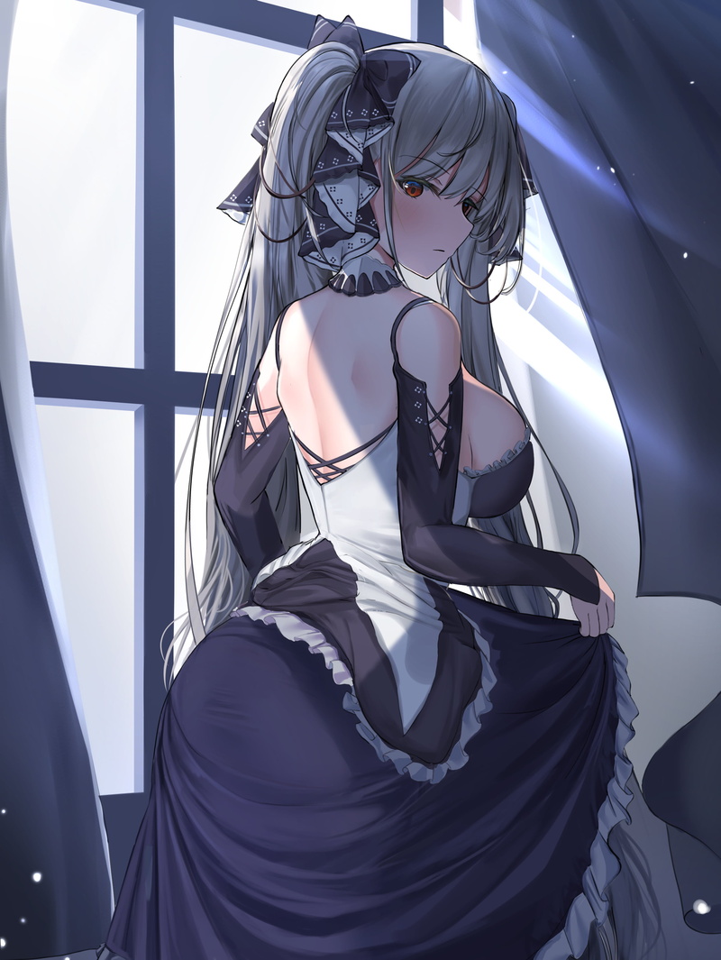 Azur Lane, fan art, silver hair, vertical, 2K, drawing, 2D, dress, anime, video game girls, anime girls, blushing, twintails, maid, portrait display, looking at viewer
