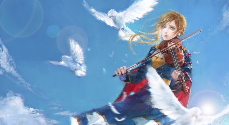 beauty, low angle view, women, Anime, outdoors, playing, day, music, hairstyle, one person, hood, long hair, bilan hangxian, violin, clothing, adult, blonde