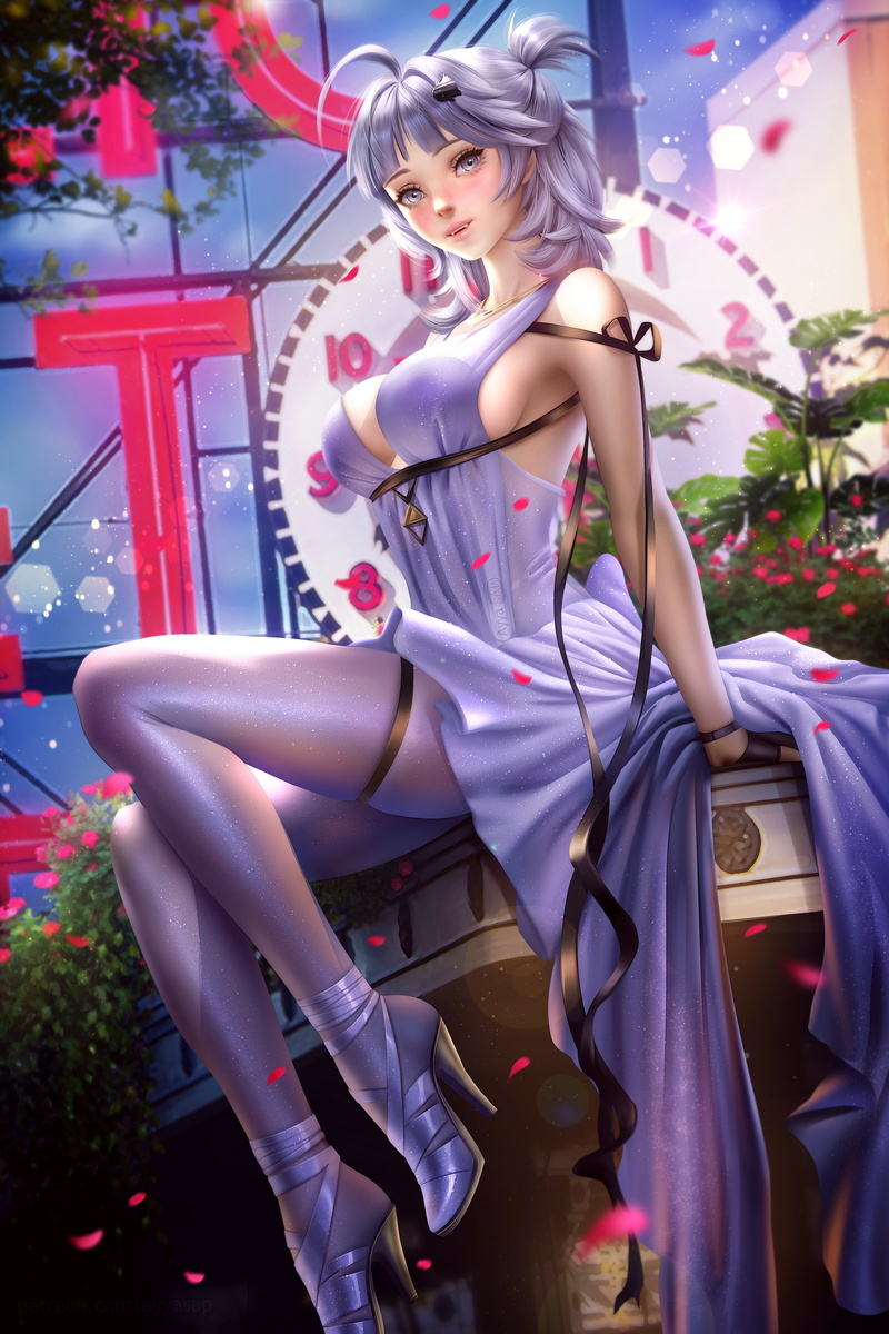 5K, vertical, Seattle (Azur Lane), drawing, video games, video game girls, high heels, bangs, fangs, AyyaSAP, looking at viewer, thigh strap, dress, fan art
