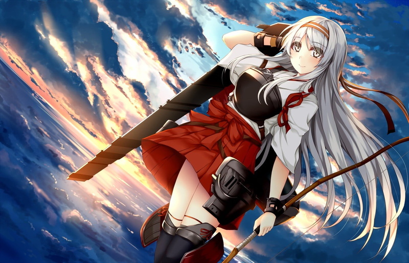 representation, real people, skirt, anime, clothing, three quarter length, lifestyles, miko, sunset, low angle view, Kantai Collection, orange color, 720P