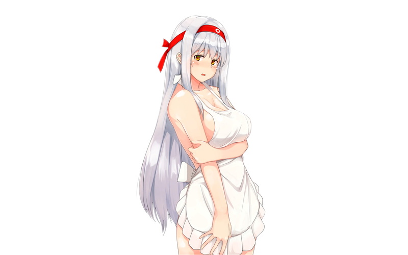 cut out, portrait, Anime, studio shot, red, apron, white background, hairstyle, one person, clothing, shoukaku, beauty, indoors, beautiful woman, young adult