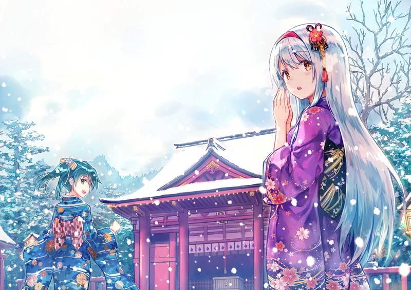 Kantai Collection, traditional clothing, Japanese clothes, shrine, snow, winter, anime, kimono, 1080P, Zuikaku (KanColle), Shoukaku (KanColle), anime girls