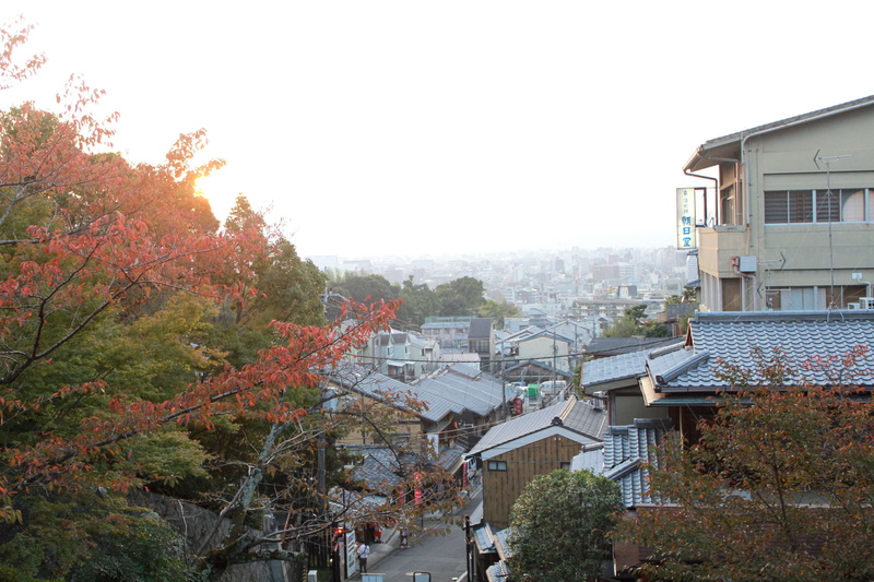 sky, japan, kyoto, clear sky, building, nature, japanese culture, copy space, high angle view, roof, residential district, autumn, built structure, change