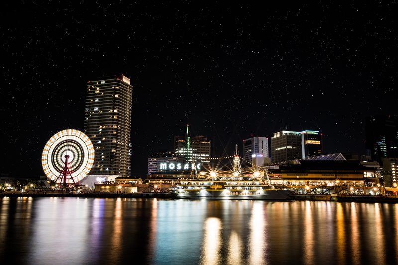 night, city, sea, water, town, illuminated, office building exterior, moon, tall - high, 5K, architecture, star, nightlife, reflection, kyoto, outdoors