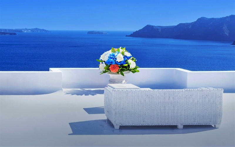 Couch, Ocean, Santorini, Balcony, 1080P, Lounge, Towns, Sea, Flower, Greece, Horizon