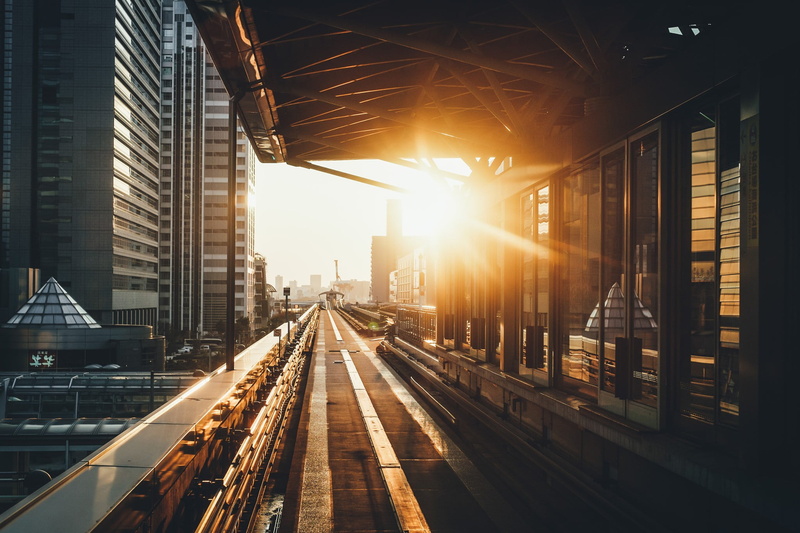 bright, city, built structure, no people, sky, sunset, office building exterior, mode of transportation, bridge, Japan, 1080P, building, buildings, lens flare