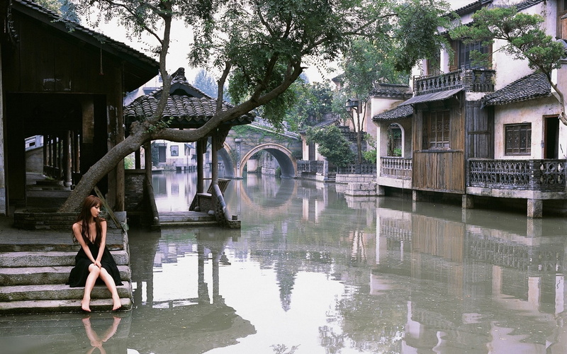 reflection, tree, nature, adult, day, 1080P, building, flood town arch river japan japanese, architecture, outdoors, water, one person, waterfront, women
