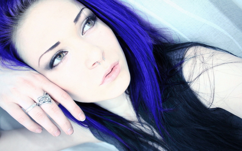 blue hair, young adult, fashion, one person, beauty, headshot, nose rings, purple, looking at camera, Satanism, women, hair, human face, front view, long hair