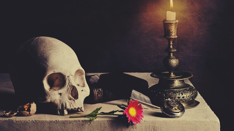skull, books, candles, flowers, 1080P, table