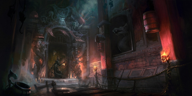 Entrance, monster, fire, candles, Plates, Arch, Statue, skulls, Gloomy, Torches, skull, castle, art, 1080P