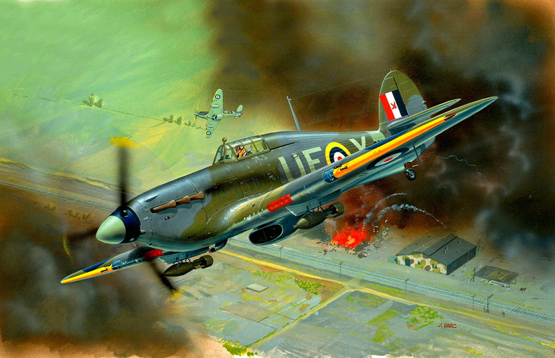 bombs, 1080P, The Rolls-Royce Merlin XX, smoke, fighter-bomber, Hurricane Mk IIB, the explosion, UK, twelve 7.7 Browning machine guns.303