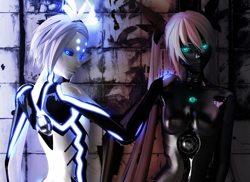 architecture, girls, sculpture, Android, two, black, female likeness, creativity, purple, neon, robot, kagamine rin, art and craft, Phosphorescent Rin