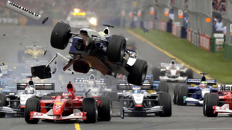 transportation, f1 crash, 1080P, motion, mode of transportation, f1, dangerous, road, outdoors, motor racing track, car, unrecognizable person, occupation