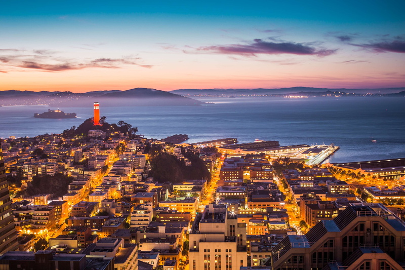 clouds, built structure, high angle view, california, foggy, outdoors, hazy, sea, lights, dusk, city, town, sky, no people, citylights, buildings, building exterior