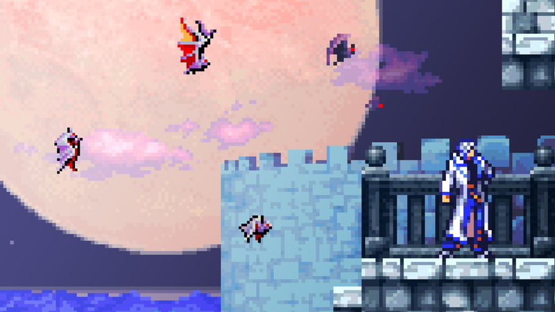screen shot, lifestyles, group of people, adult, city, purple, outdoors, group, building exterior, Castlevania, video games, water, real people, pixel art