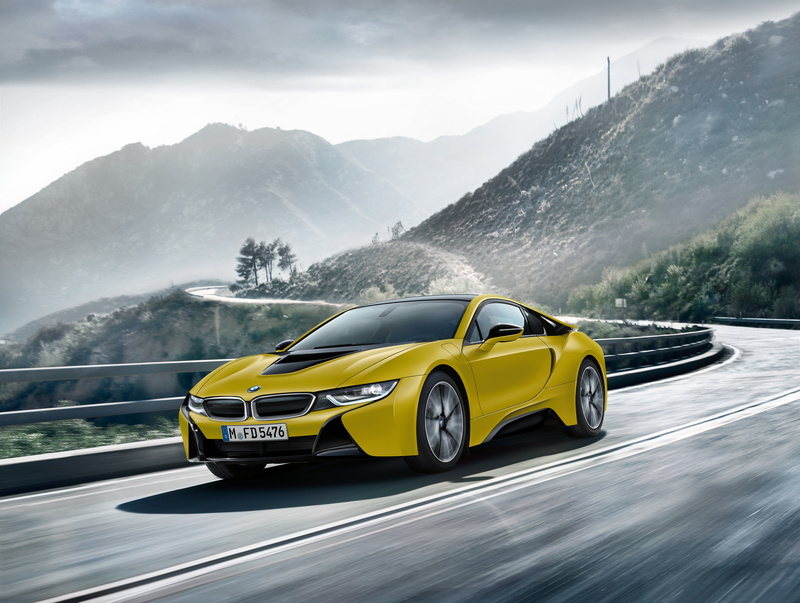 mountain range, nature, 2017, day, non-urban scene, no people, land vehicle, BMW i8, Frozen Yellow Edition, mountain, transportation, mode of transportation