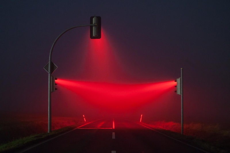 traffic lights, lights, mist, red, blue, road, 1080P