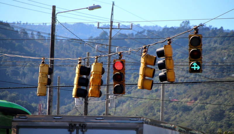 low angle view, red, signal, connection, 5K, built structure, electricity, confused, cable, road, no people, focus on foreground, building exterior, decoration