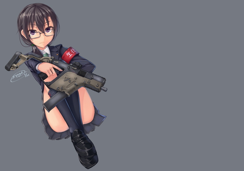 anime girls, Kriss Vector, gun, glasses, original characters, school uniform, 2K