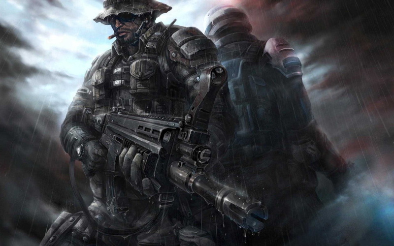 1080P, men, soldier, weapon, artwork, rain