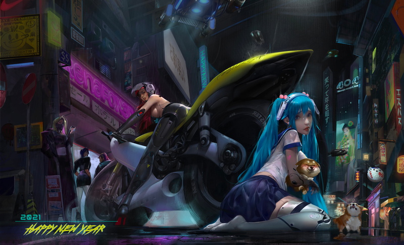 video games, cyberpunk, Cyberpunk 2077, ArtStation, artwork, digital painting, looking at viewer, 4K, fan art, digital art, motorcycle, futuristic, Snow T