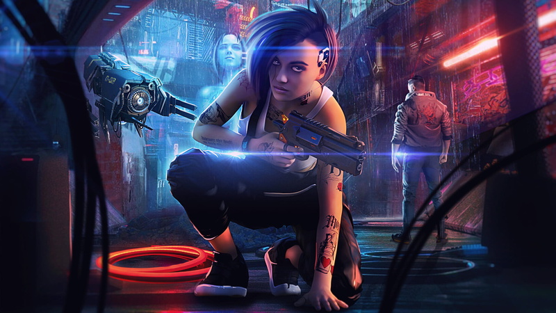 fan art, video game art, tattoo sleeve, tattoo, ArtStation, digital art, looking at viewer, digital painting, gun, dyed hair, cyberpunk, artwork, Cyberpunk 2077