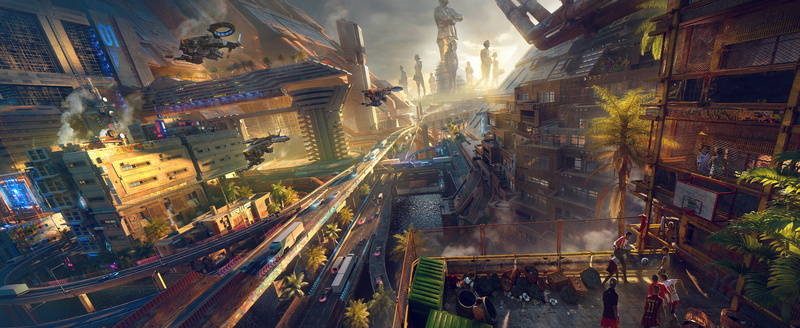 artwork, city, video game art, digital painting, 4K, Cyberpunk 2077, Dmitry Zaviyalov, ArtStation, futuristic city, concept art, fan art, statue, digital art