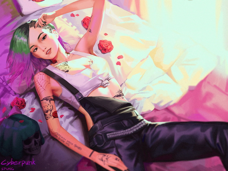 artwork, dyed hair, tattoo sleeve, digital painting, hand on head, lying down, Cyberpunk 2077, Judy Alvarez, fan art, cyberpunk, 1080P, ArtStation, digital art